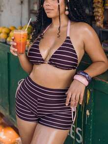 Swim Mod Women's Purple Striped Swimwear Set,Summer Beach Vacation Holiday Plus Size 2-Piece Biki... | SHEIN