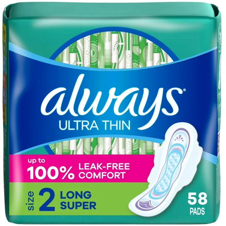 Always Pads, Ultra Thin with Wings, Size 2, Long Super Absorbency, 58 Count | Walmart (US)