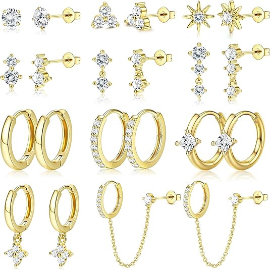 11/12 Pairs Hoop Earrings for Women 14k Gold Plated Small Huggie Hoop Earrings Pack Trendy CZ Car... | Amazon (US)