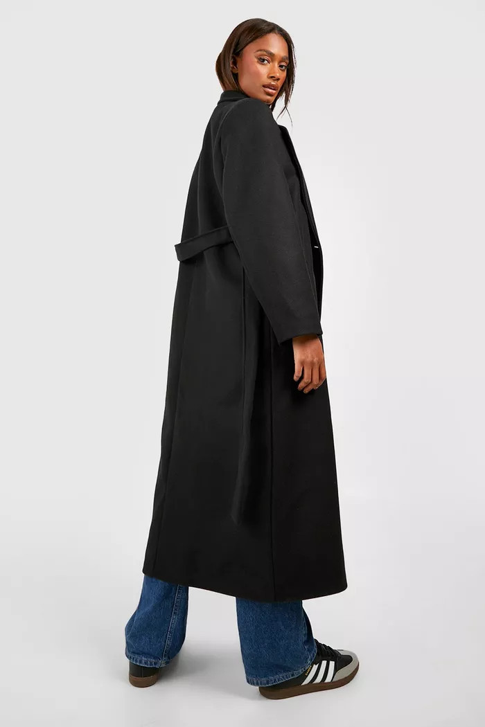 Longline Double Breasted Belted Wool Look Coat | Boohoo.com (US & CA)