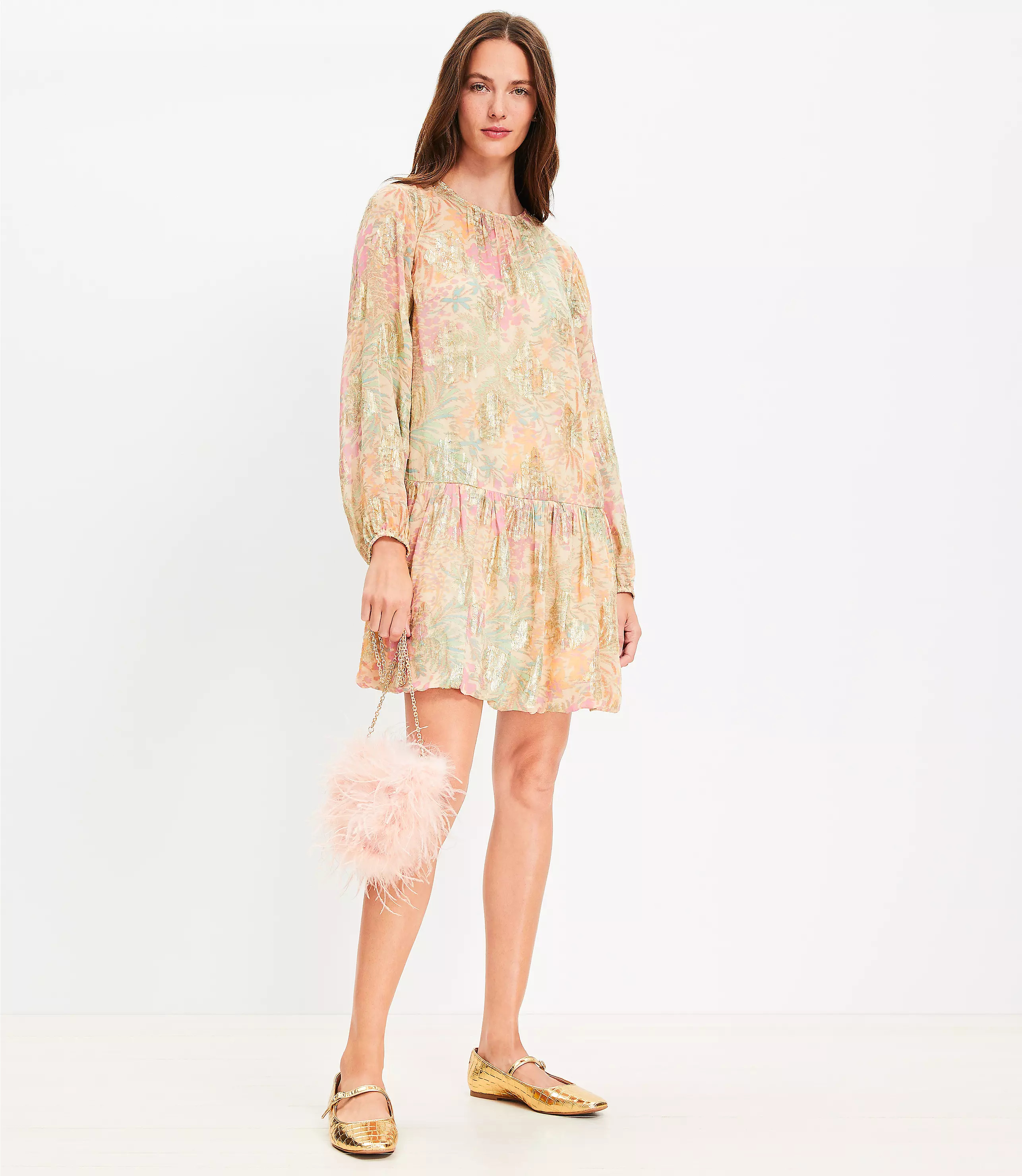 Shimmer Floral Jacquard Bubble Hem Mini Dress | LOFT