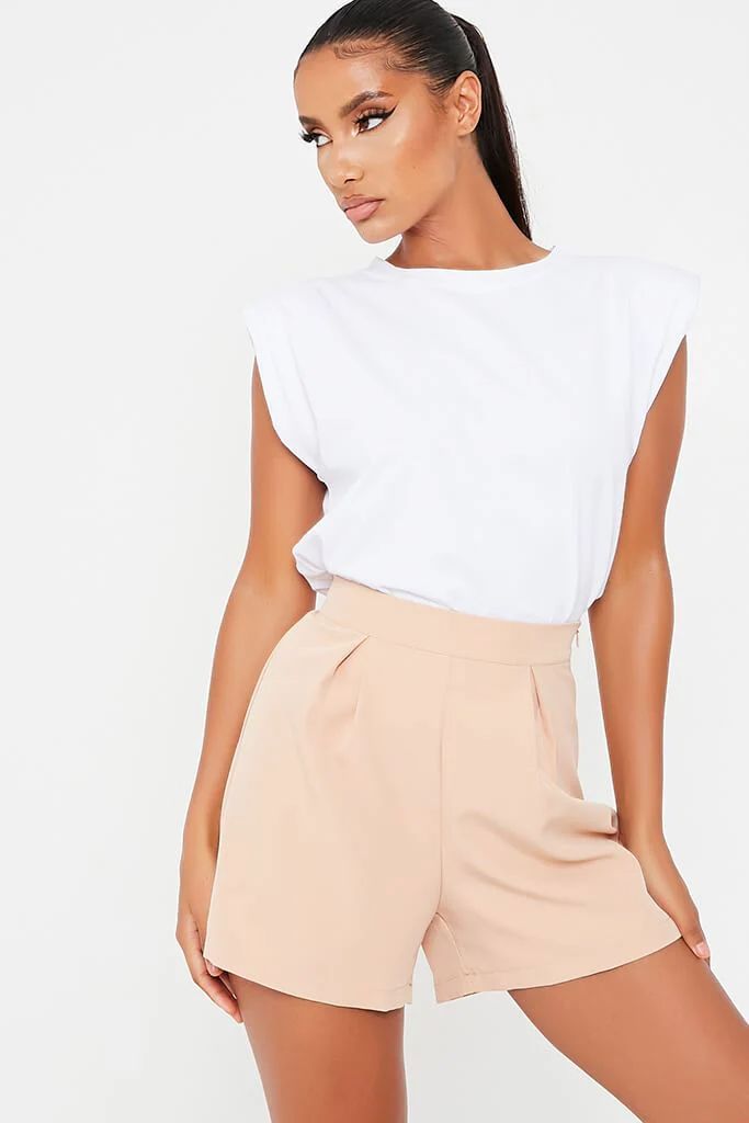 Stone High Waisted Inverted Pleat Shorts | ISAWITFIRST