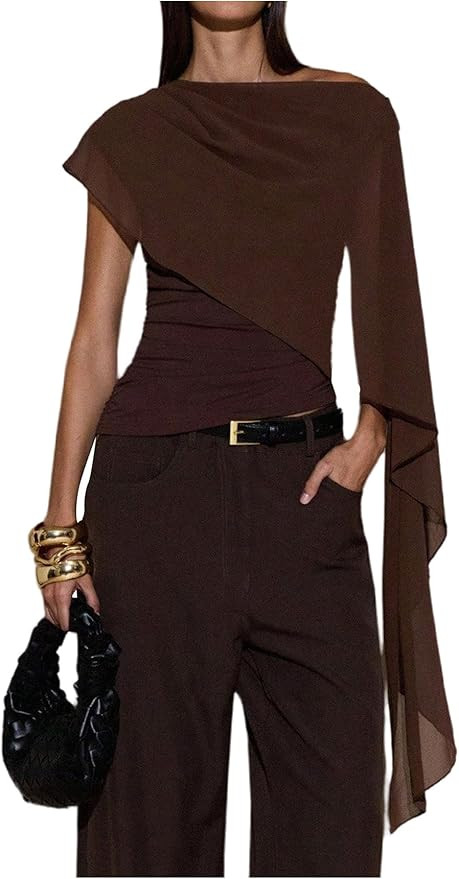 SHENHE Women's Off Shoulder Mesh Poncho Flowy Top Ruched Fitted Dressy Going Out Tee Shirt | Amazon (US)