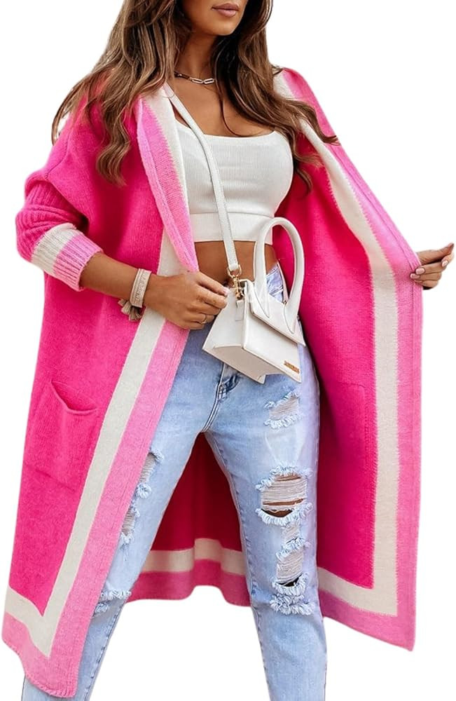 yoeasy Women's Color Block Striped Hooded Knit Long Cardigan Sweaters Oversized Open Front Long S... | Amazon (US)