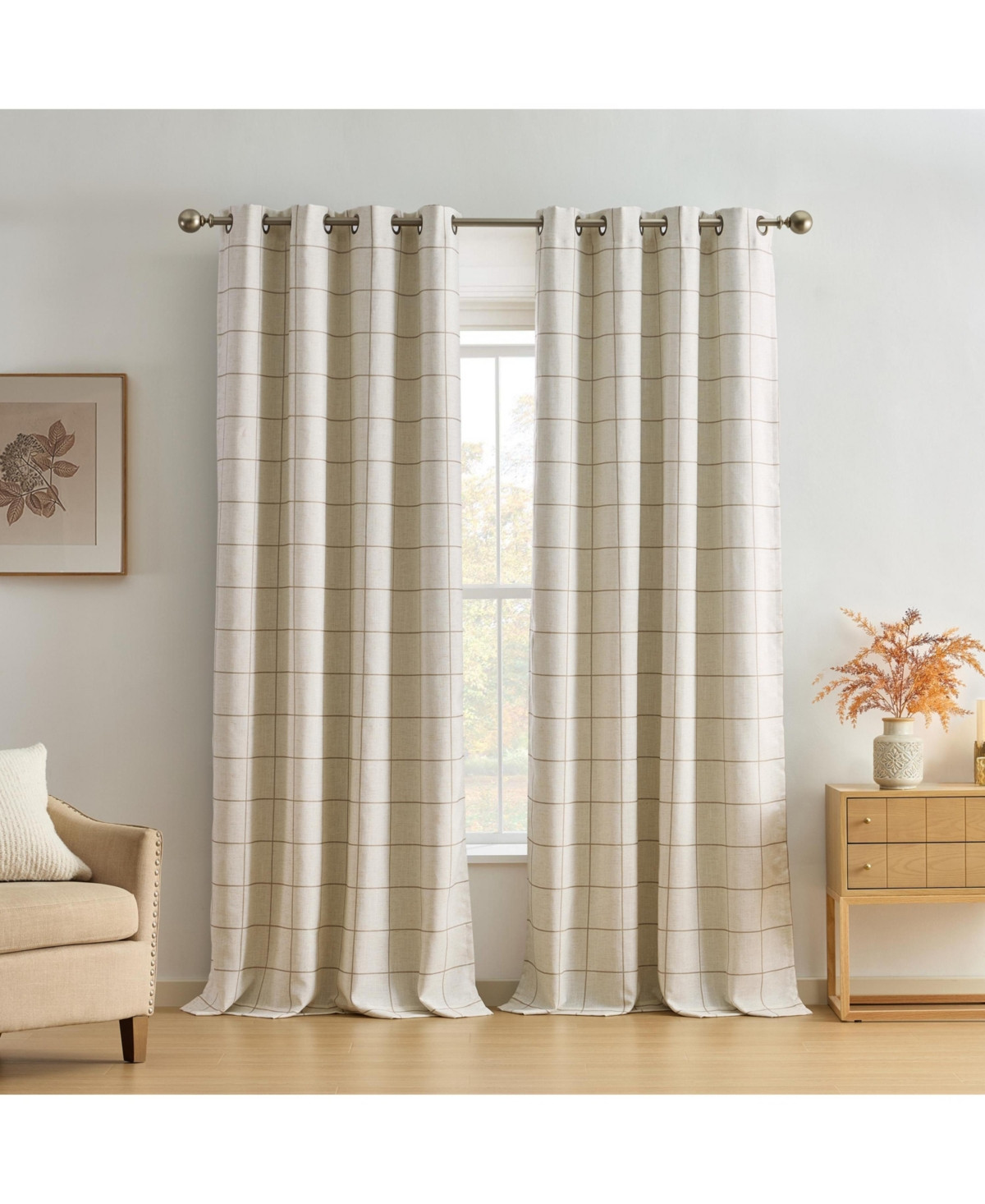 Threadmade Brighton Grommet Windowpane Plaid Blackout Curtain Panel - Linen | Macy's