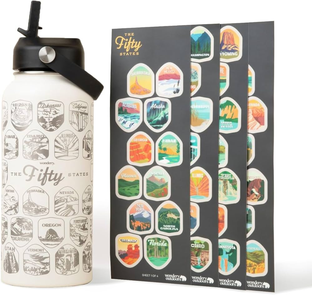 Wondery Official Fifty States Bucket List Travel Water Bottle with Waterproof Stickers and Straw ... | Amazon (US)