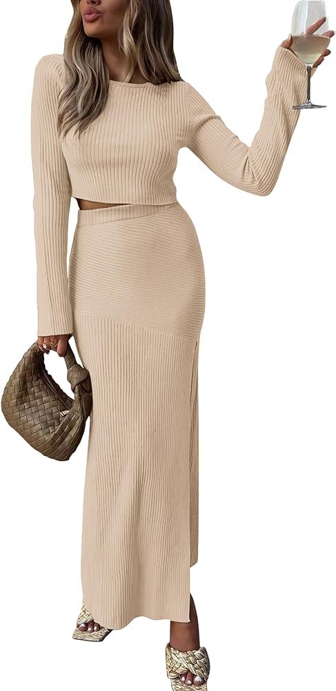 2023 Fall 2 Piece Outfits For Women Rib Knit Crop Top And Slit Maxi Dress Skirt Sets Tracksuit | Amazon (US)