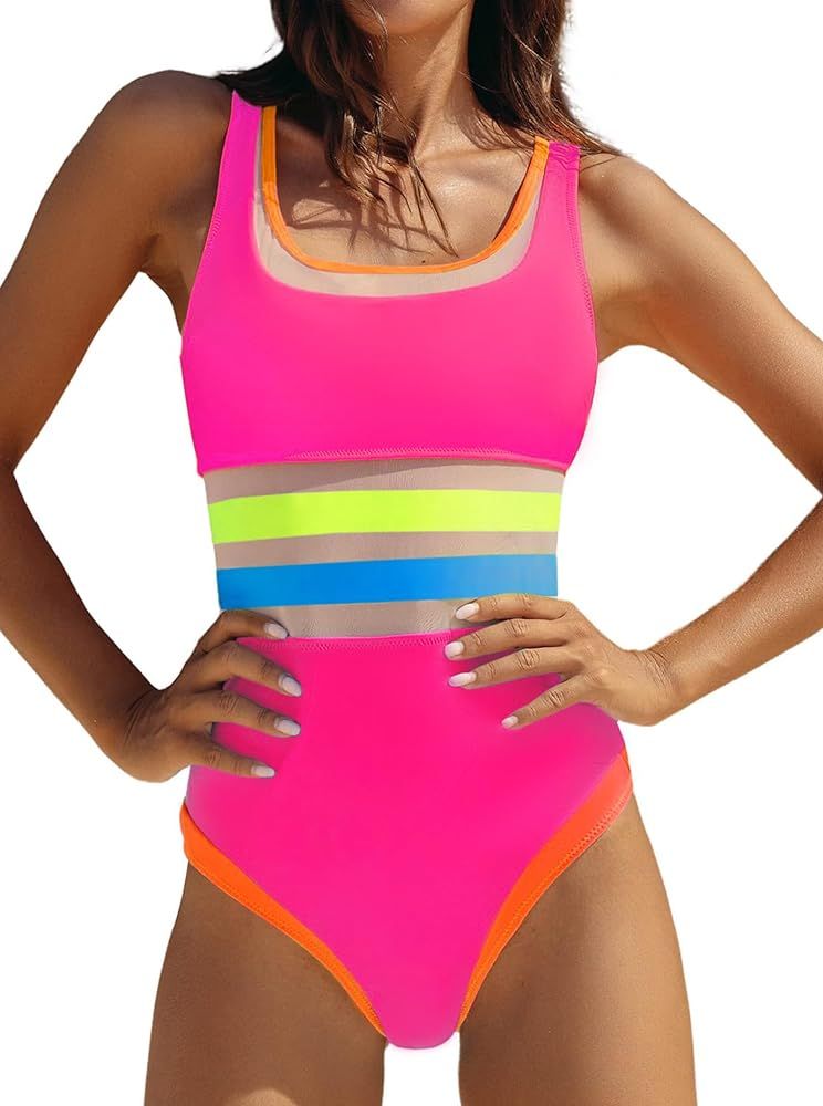 popvil Neon Color Block One Piece Bathing Suit for Women Mesh Tummy Control Swimsuit Teens Sport ... | Amazon (US)