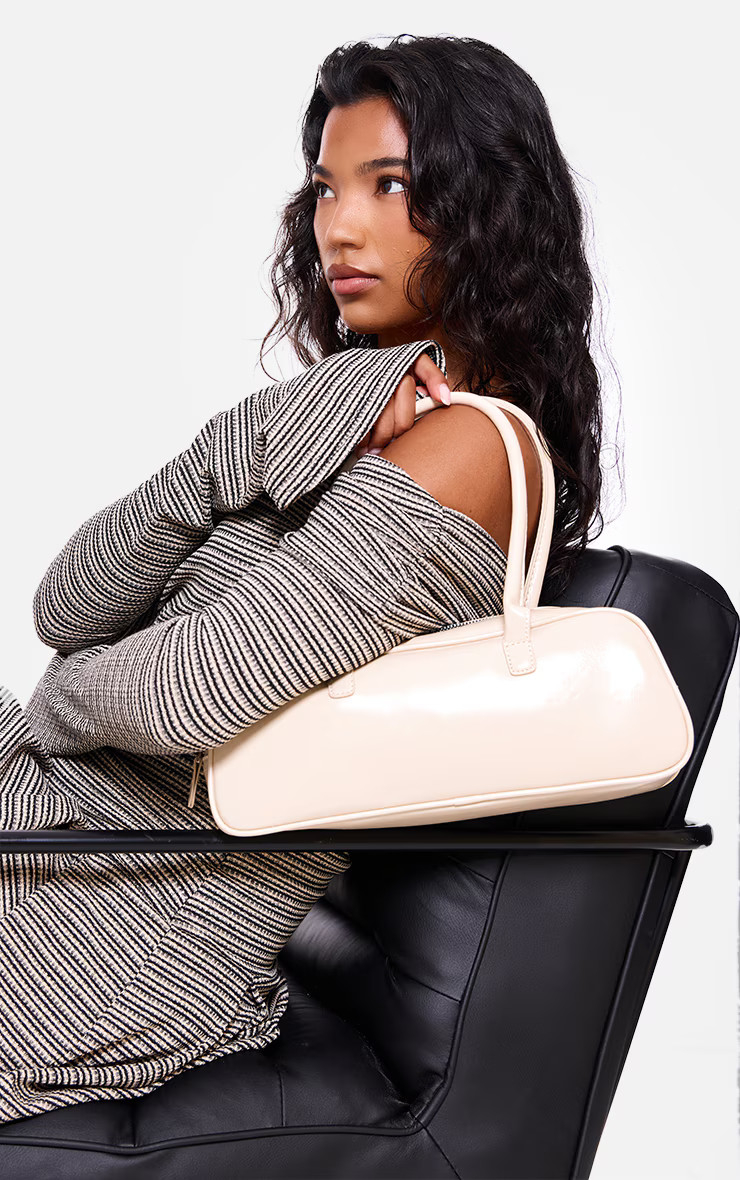 Cream Patent PU Baguette Shoulder Bag | PrettyLittleThing US