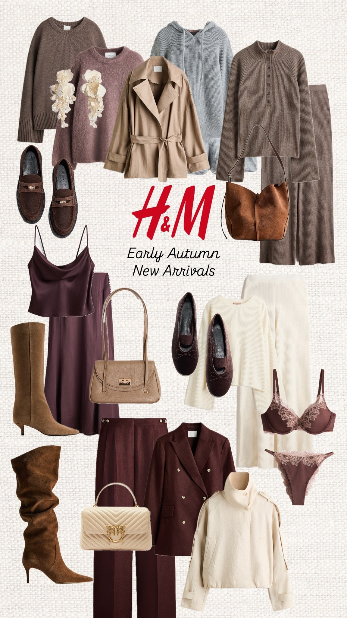 The first H&M Early Autumn New Arrivals are here!! Very early but you know I’m posting the new arrivals every week 🤎 Think rich espresso tones, soft knits, tailored separates, elegant satin, timeless accessories and the prettiest neutral layers that will carry you from late summer into autumn effortlessly.

: H&M, H&M new arrivals, early autumn, fall fashion, autumn style, neutral outfits, brown outfit, mocha tones, espresso fashion, capsule wardrobe, knitwear, matching set, satin skirt, satin cami, blazer outfit, trench jacket, suede boots, ballet flats, loafers, shoulder bag, burgundy outfit, cream knit, cozy style, chic essentials, transitional dressing, everyday outfits, workwear style, minimalist fashion, affordable fashion, fall wardrobe staples

#LTKstyletip #LTKworkwear