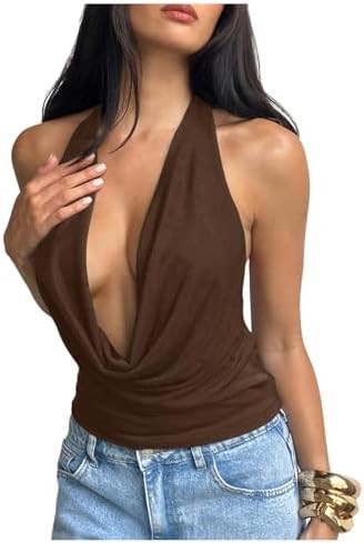 MakeMeChic Women's Going Out Halter Tops Backless Y2k Cowl Neck Tops Rave Outfits | Amazon (US)