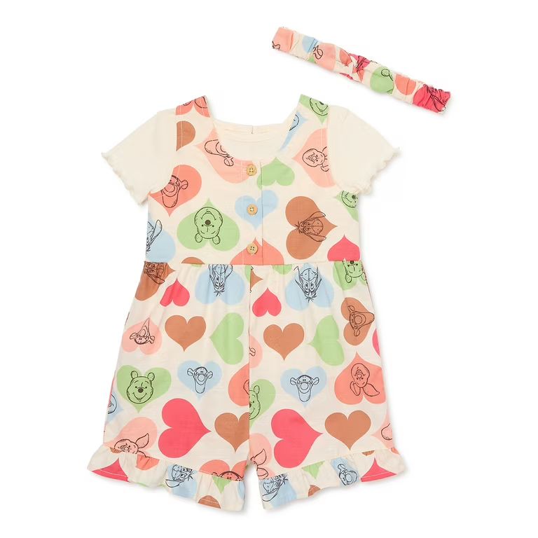 Winnie the Pooh Baby Girl Shortall and Tee Outfit Set with Headband, Sizes 0/3M-24M - Walmart.com | Walmart (US)