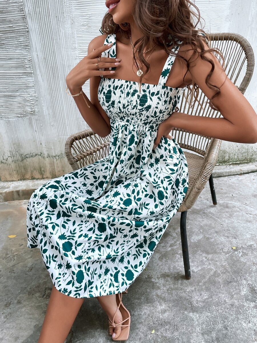 Tie Shoulder Shirred Detail Allover Floral Cami Dress | SHEIN