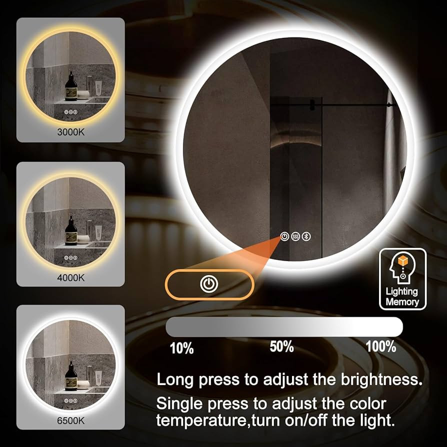 S·BAGNO 28’’ Round Led Bathroom Mirror with Lights, Backlit and Front Lighted, Anti-Fog Wall-Mounted Vanity Mirror 3000K/4000K/6500K, Dimmable Inside Bluetooth Speaker Smart Mirror | Amazon (US)