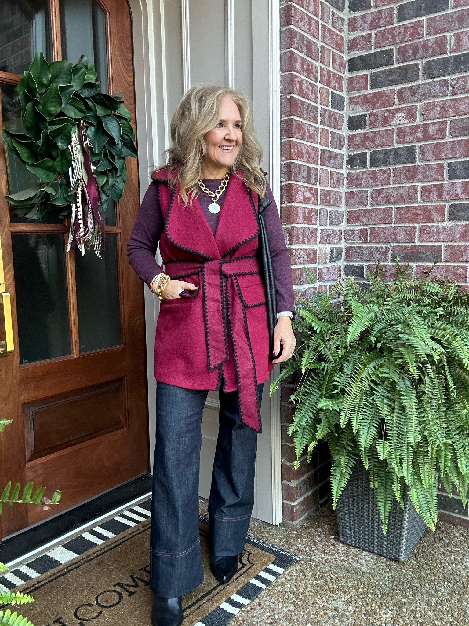 Combining the various colors of burgundy is a great way to put your outfit together. Especially if you’re not a big fan of prints or florals, a monochromatic look in different tones still adds interest to your outfit
This Amazon vest has a lot of style for under $50. Wearing a large. 
The crewneck sweater wearing a small comes in many different colors 
My dark wash jeans I’m wearing my larger size a 30 petite you will need to go your larger size in these 
My boots are waterproof! I love the heel height and the pointed toe. You must size up a full size. I usually take a 9.5. These are a 10.5.  They are leather and really well done by dolce vita. They also come in a wide.

Fall outfit, Amazon fashion anthropology, jeans, target sweater, target circle week

#LTKOver40 #LTKxTarget #LTKxPrimeDay