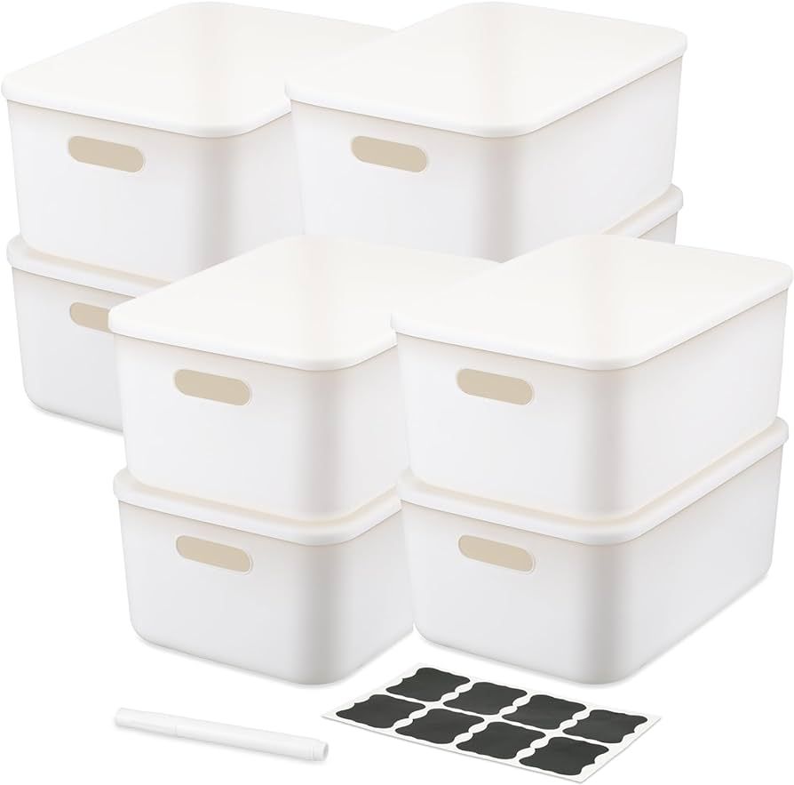 8 Pcs White Plastic Storage Organizer Bins with Lids Large Stackable Storage Boxes with Handle Organizing Containers Including Labels and Markers for Family Organization, 14.4 x 10.4 x 6.5 Inch | Amazon (US)