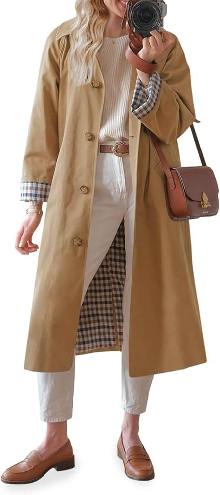 Tankaneo Womens Long Trench Coat Single Breasted Oversized Windproof Overcoat Fashion Outerwear | Amazon (US)