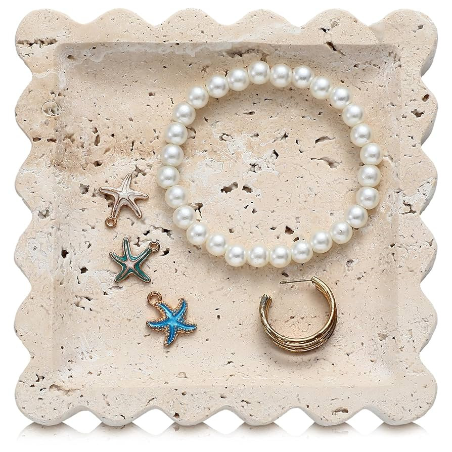 5.5 Inch Small Travertine Scallop Edge Stone Tray Decorative Marble Jewelry Dish Tray Gift(Square... | Amazon (US)