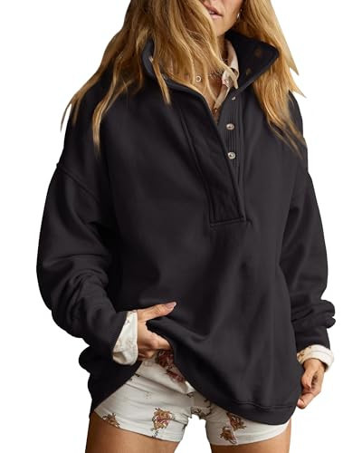 Gacaky Sweatshirt for Women Oversized Casual Long Sleeve Button Henley Neck Pullover Tops Fashion Outfits Clothes Black Medium | Amazon (US)