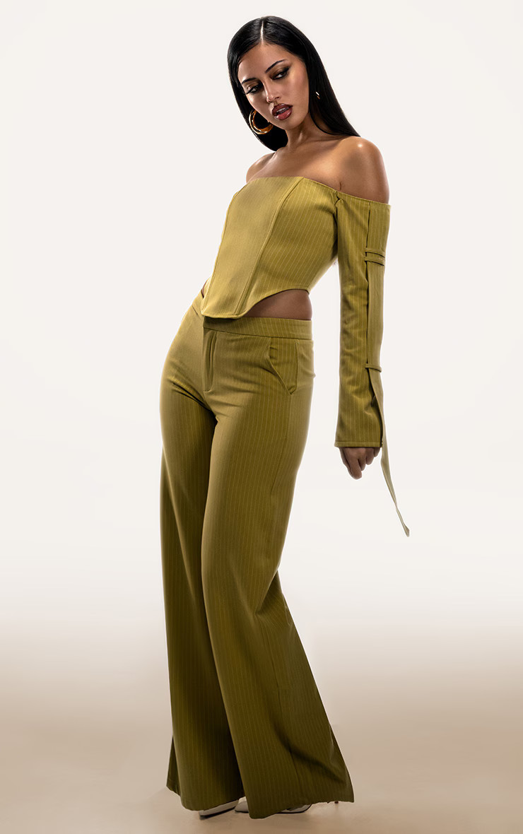 PLT Label Chartreuse Pinstripe Wide Leg Pants | PrettyLittleThing US