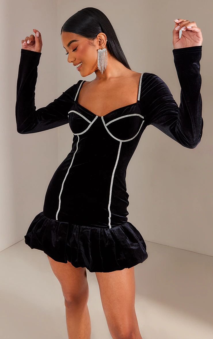 Black Velvet Diamante Trim Long Sleeve Puff Hem Dress | PrettyLittleThing US