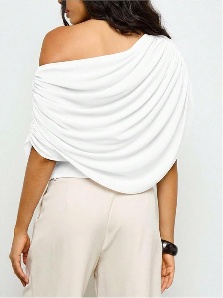 Milumia Women's Off The Shoulder Ruched Mesh Top Draped Asymmetrical Short Sleeve T Shirts | Amazon (US)
