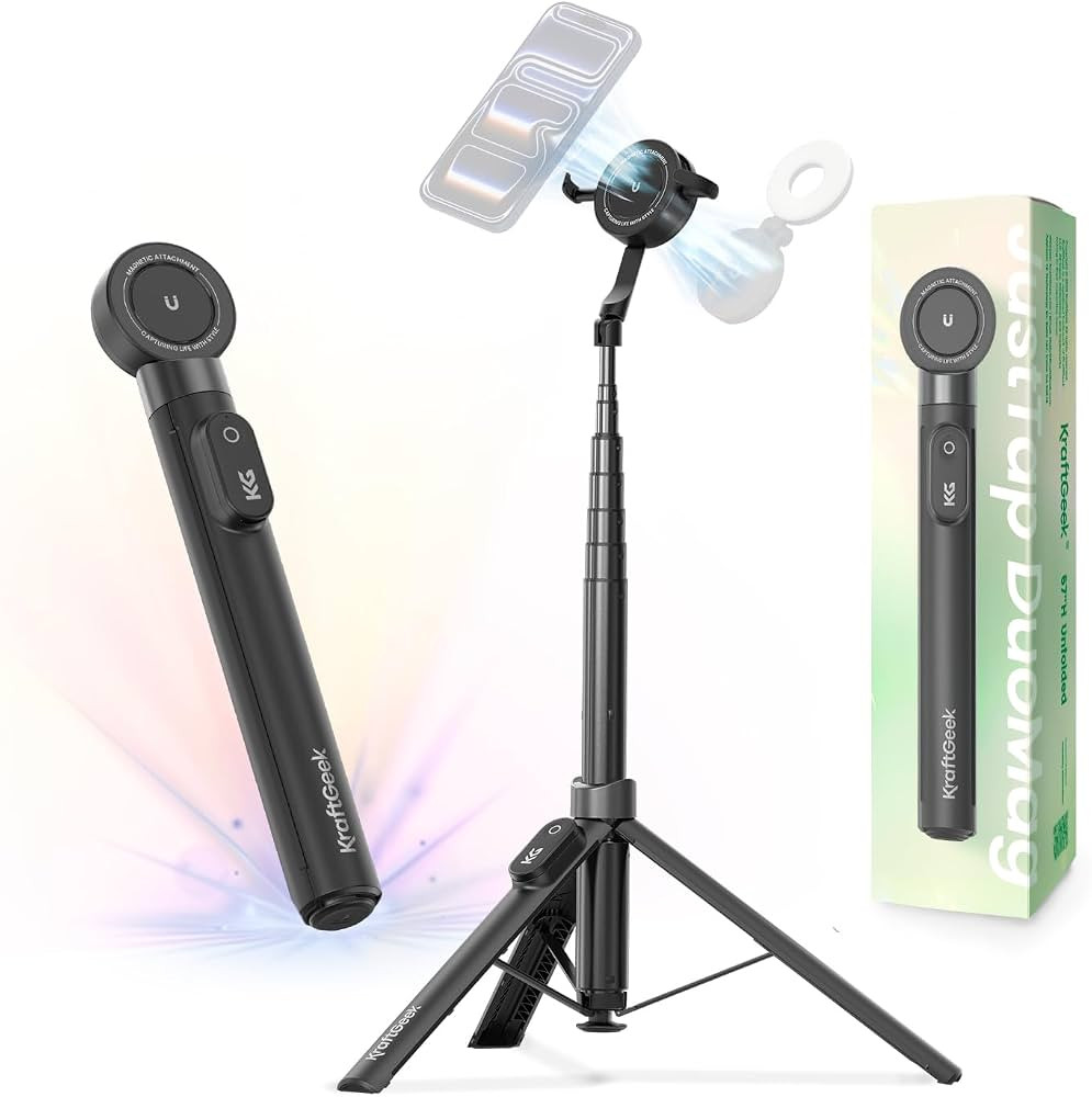 KraftGeek 67" Dual-Sided Magnetic Phone Tripod for iPhone MagSafe,Auto-Open Selfie Stick Tripod w... | Amazon (US)