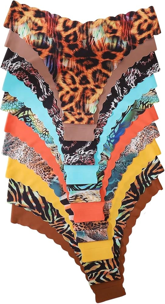 Women's 10 Pack Thongs Set Leopard Print Seamless Brief Floral Scallop Mid Rise No Show Panty Set | Amazon (US)