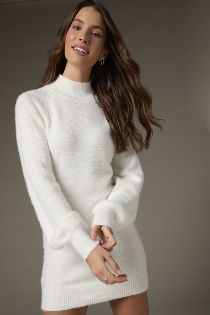 Natalie Mock Neck Fuzzy Sweater Mini Dress | Francesca's