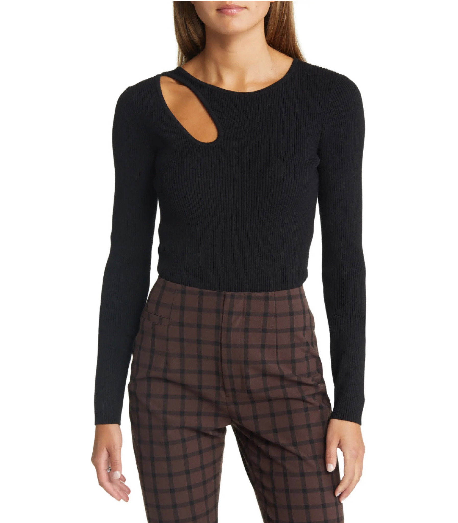 Cut out sweater
Sweater 
Plaid pants 
#LTKworkwear #LTKunder100 #LTKSeasonal