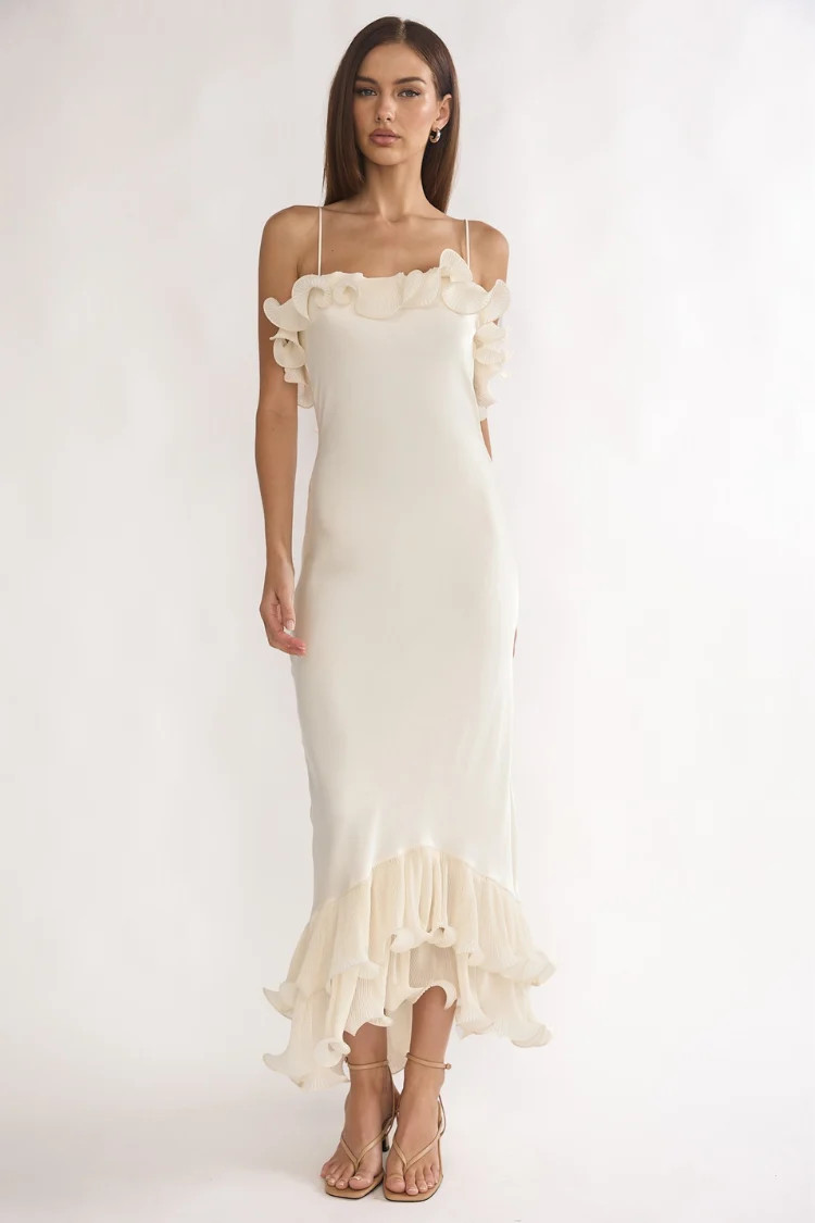 Sloane Cream Ruffle Midi Dress \u2013 Rehearsal Dinner & Bridal | Confête