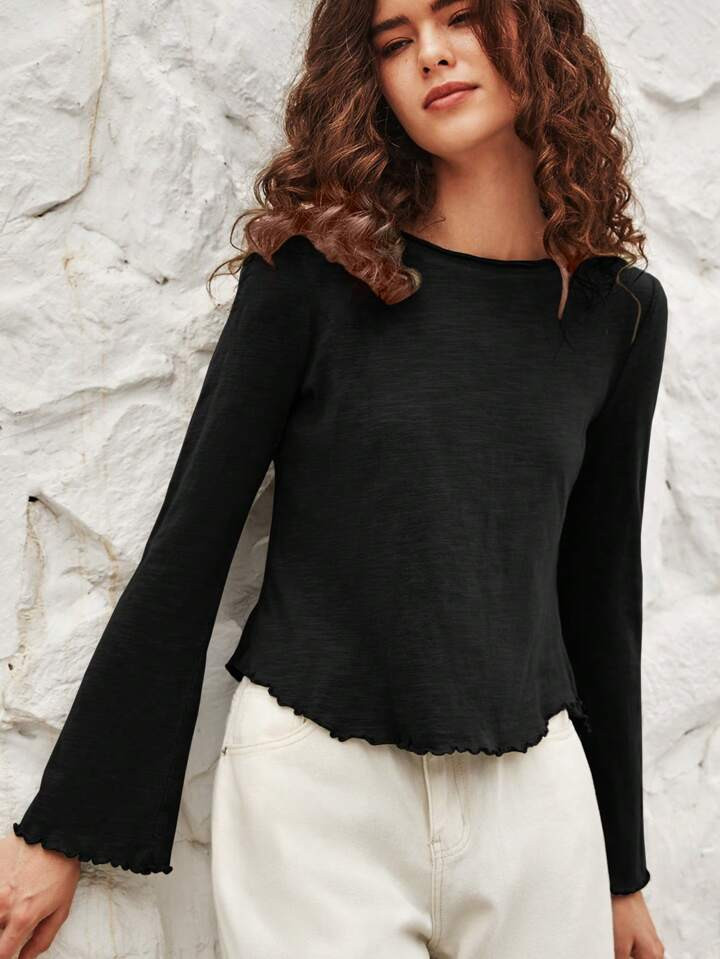 SHEIN BohoFeels Solid Lettuce Trim Trumpet Sleeve Tee | SHEIN