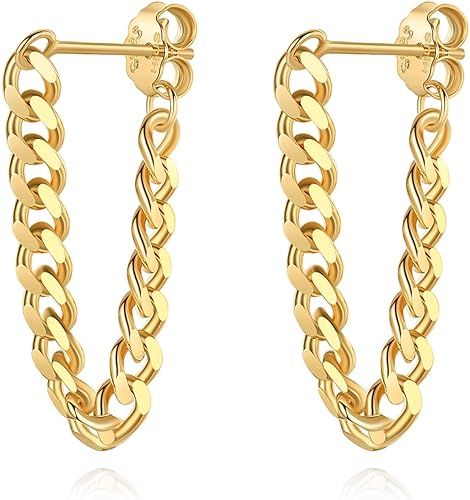 925 Sterling Silver Cuban Link Chain Dangle Drop Stud Earrings for Women, 18K Gold Plated Wrap Ta... | Amazon (US)