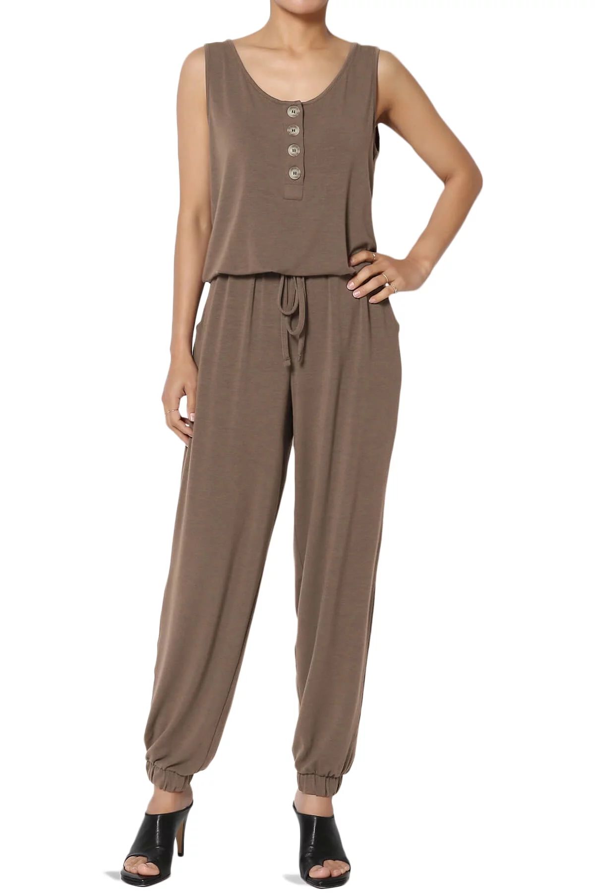 Women's Casual Sleeveless Button Up Scoop Neck Tapered Leg Knit Jogger Jumpsuit | Walmart (US)