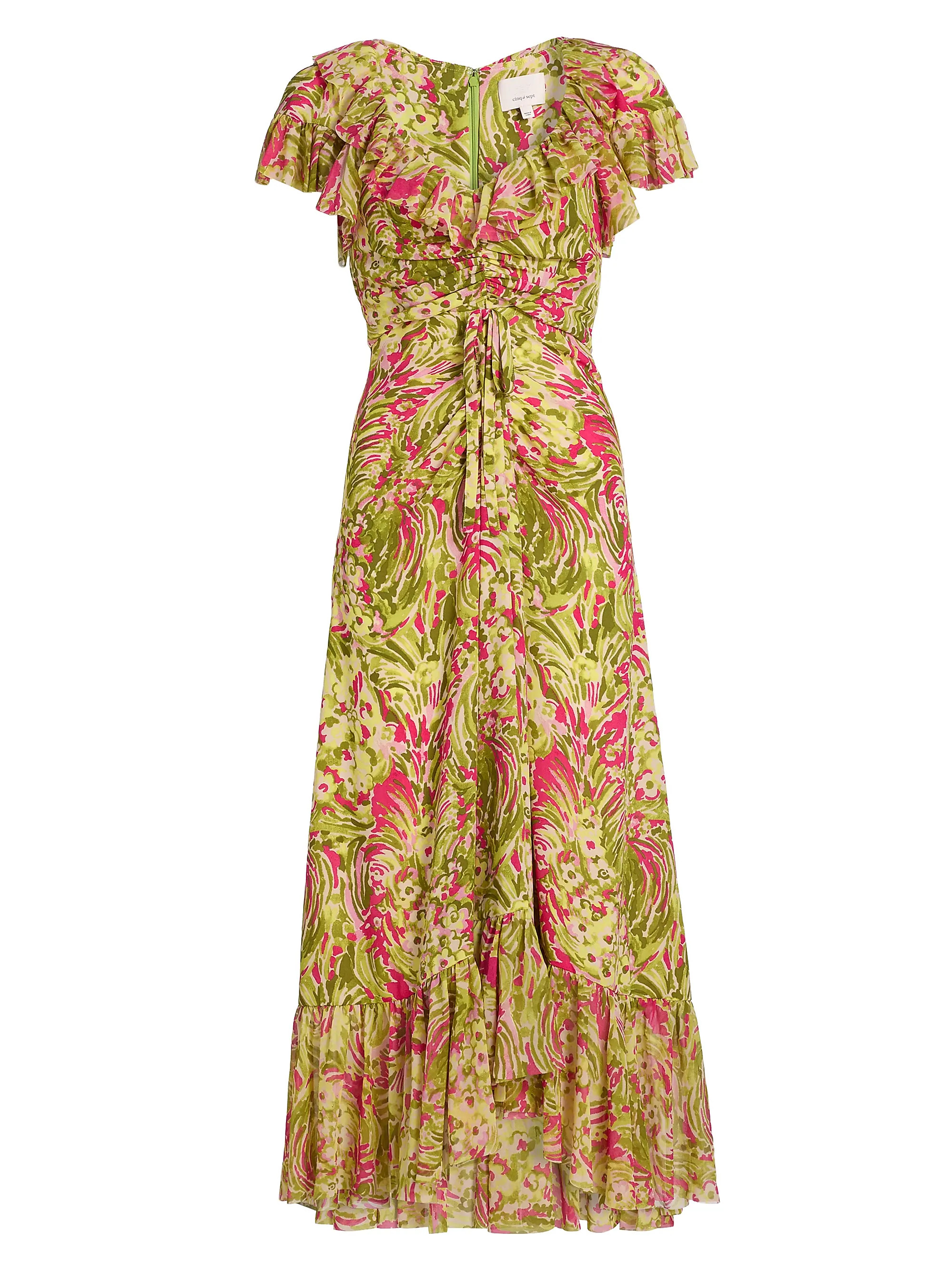 Daisy Swirl Ivey Printed Ruffled V-Neck Midi-Dress | Saks Fifth Avenue