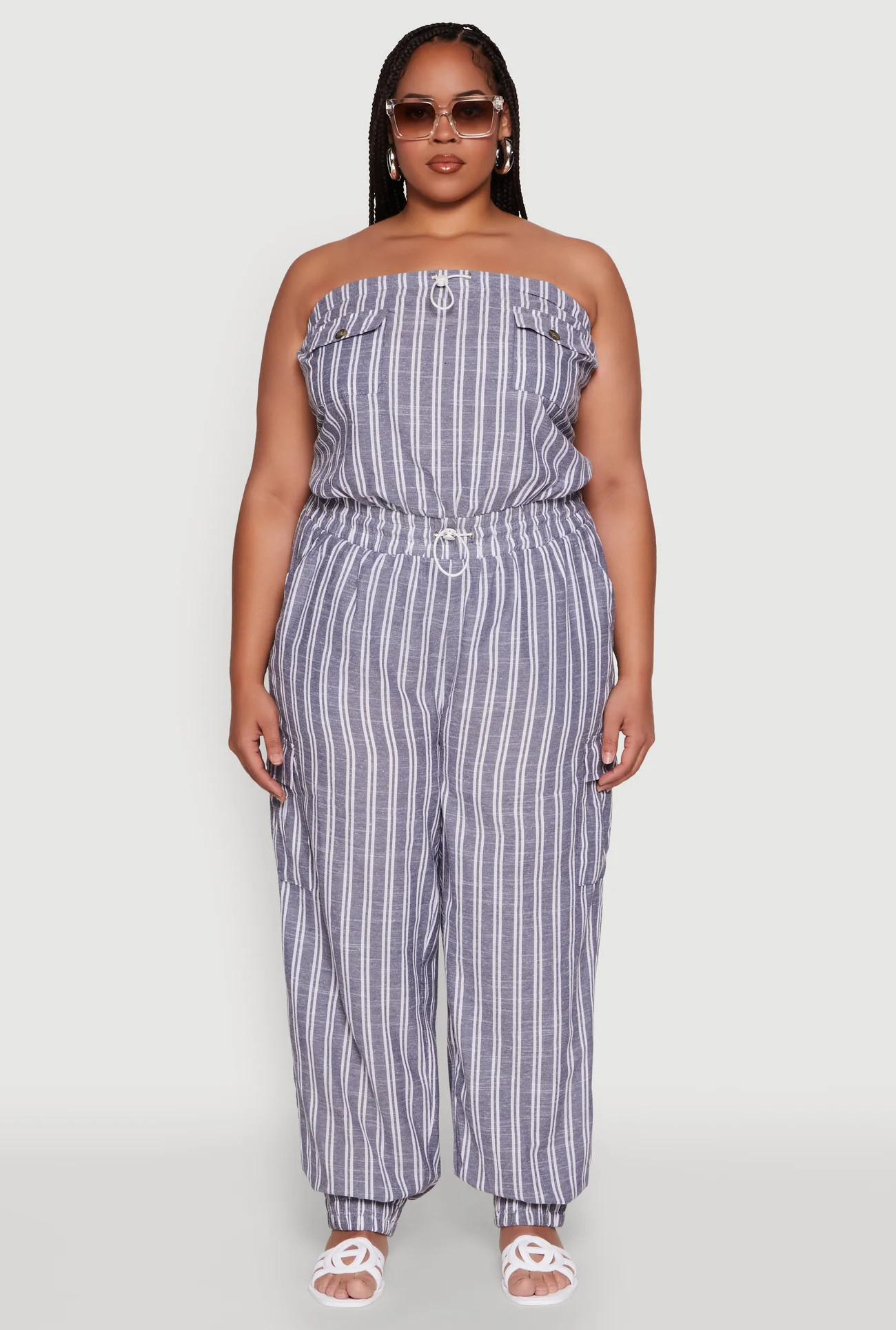 Plus Size Stylish Striped Strapless Tapered Leg Jumpsuit | Rainbow Shops