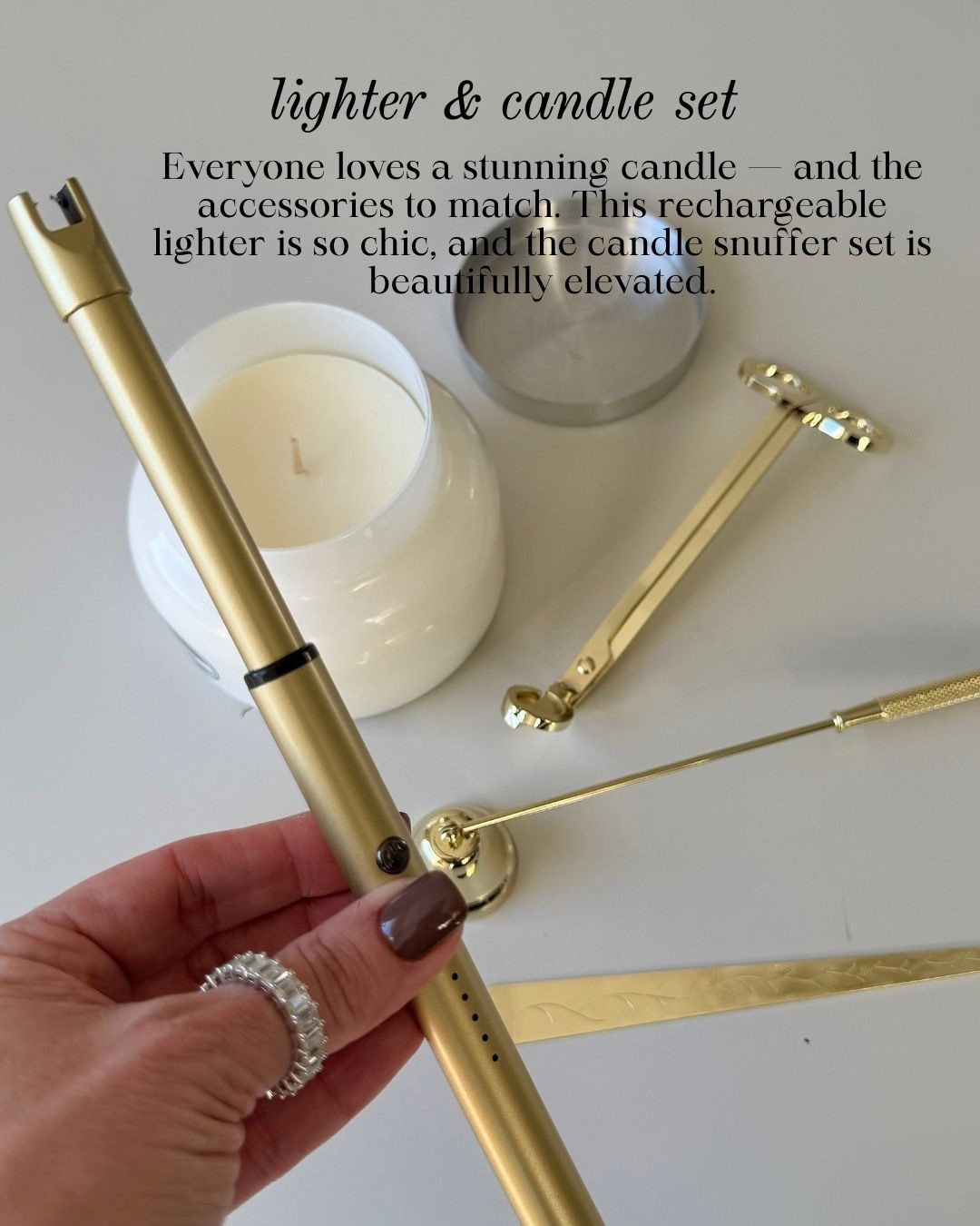 LIGHTER & CANDLE SET! Everyone loves a stunning candle — and the accessories to match. This rechargeable lighter is so chic, and the candle snuffer set is beautifully elevated.

#Amazon #TheHillaryStyle #CandleAccessories #HomeEssentials #NeutralHomeStyle #ChicHomeDecor #CandleCareSet #MinimalHomeAesthetic #GiftIdeas 

 #LTKmomlife #LTKSeasonal #LTKOver40