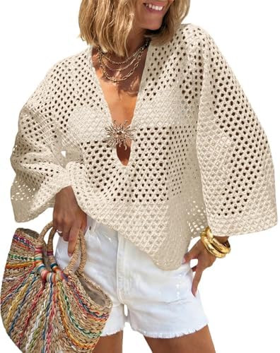 Saodimallsu Womens Crochet Beach Cover Up Top Summer 3/4 Sleeve Boho Oversized Mesh Knit V Neck S... | Amazon (US)