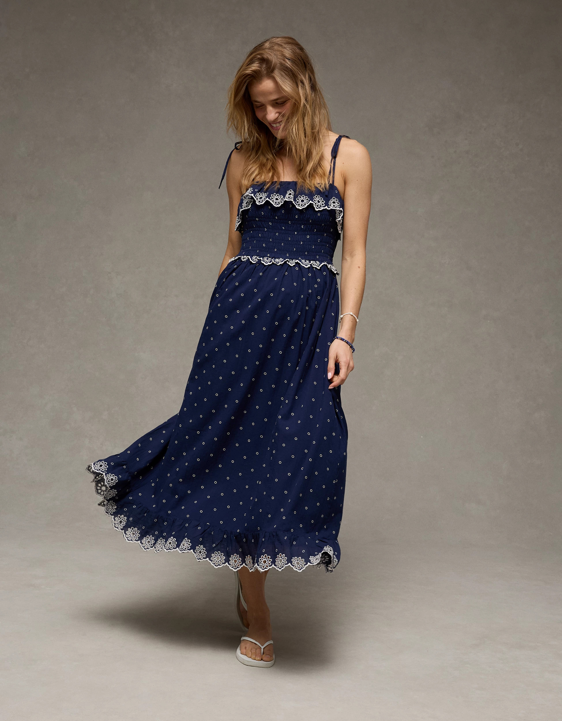AE Smocked Tie-Strap Midi Dress | American Eagle Outfitters (US & CA)