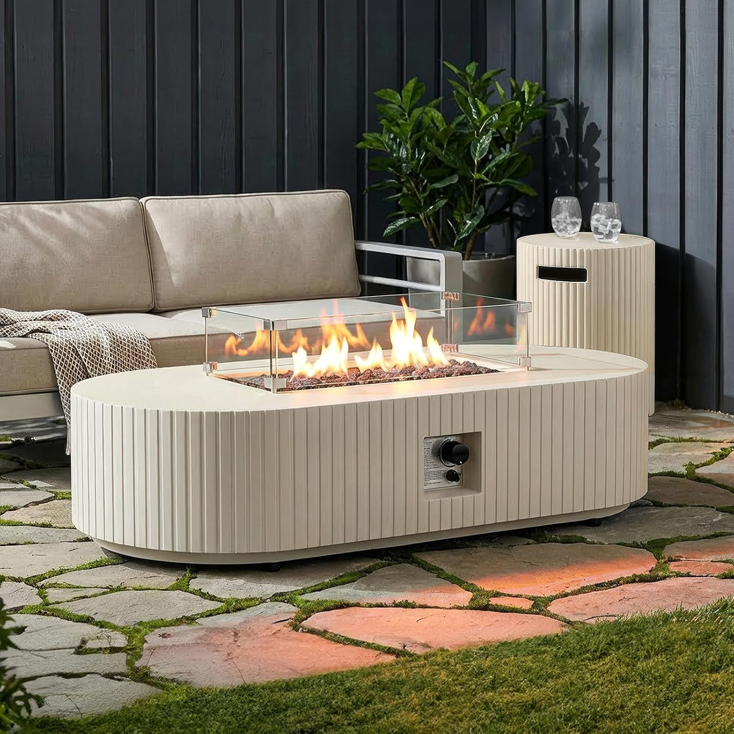 60" Oval Propane/Gas Outdoor Fire Pit Table with Tank Cover & Wind Guard | Amazon (US)