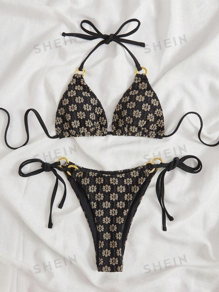 SHEIN Allover Floral Print Halter Triangle Tie Side Bikini Swimsuit | SHEIN