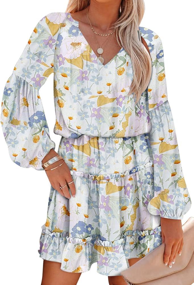 SHEWIN Womens Summer Boho Floral Print Dress Ruffle V Neck Long Sleeve Flowy Loose Casual Midi Dress | Amazon (US)
