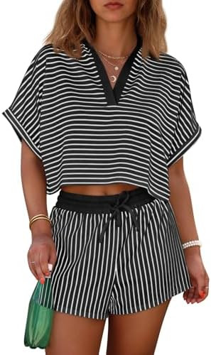Cicy Bell Womens Striped 2 Piece Short Sets Summer Short Sleeve Collared V Neck Cropped Tops Vaca... | Amazon (US)