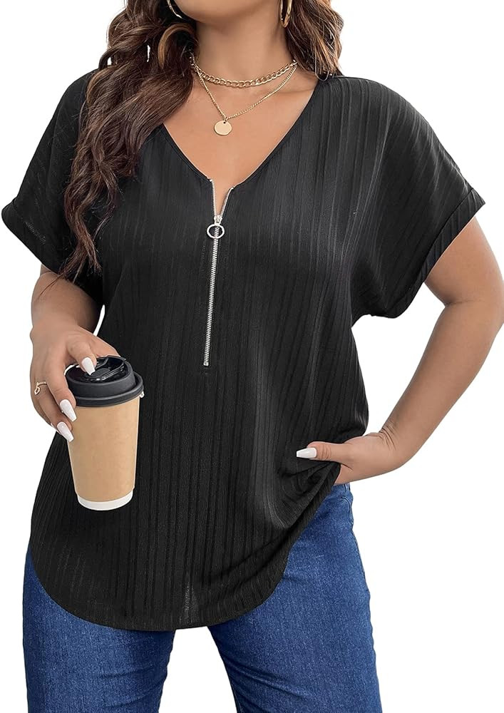 SOLY HUX Women's Plus Size V Neck Half Zip Short Sleeve Casual Blouse Tops | Amazon (US)