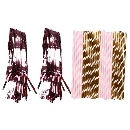 WELPET 2Pc Gold Metallic Tinsel Foil Fringe Curtains and 50 Paper Straws - Party Supplies and Decora | Walmart (US)