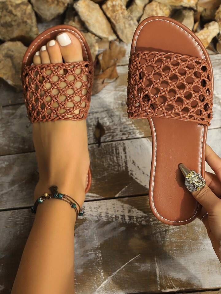 AU$14.95               2025 New Arrival Summer Women Sandals Woven Flat Non-Slip Slides Strap Cro... | SHEIN