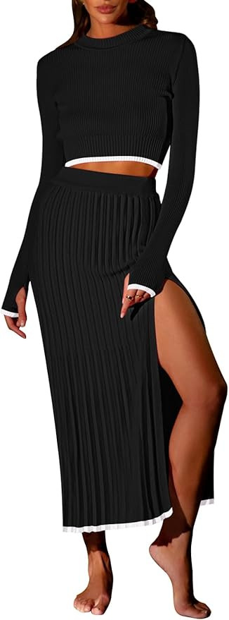 Pink Queen 2 Piece Skirt Outfits for Women Knit Sweater Crop Top Bodycon Party Cocktail Fall Blaz... | Amazon (US)