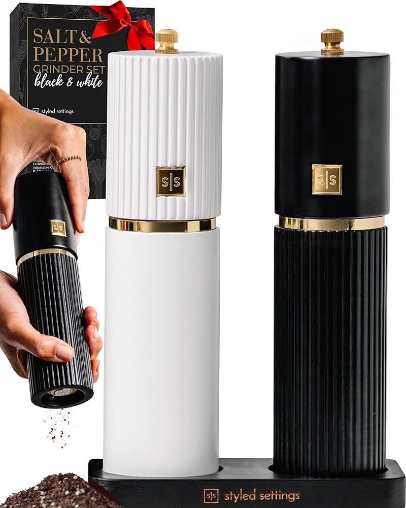 Styled Settings White and Black Salt and Pepper Grinder Set with Gold Accents – Set of Two Refi... | Amazon (US)