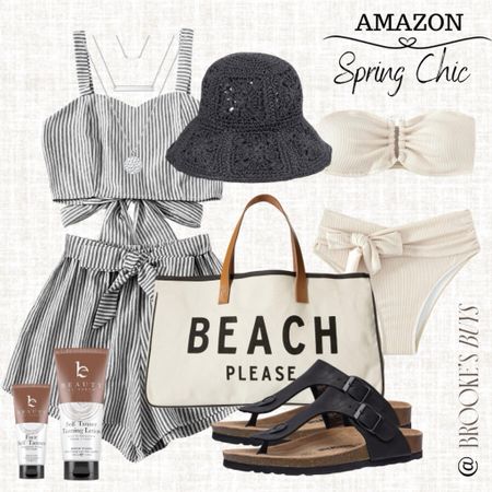 Cute two piece summer outfit. Love this tie bathing suit and Beach bag!#resortwear #swimsuit #casualoutfit

#LTKswim #LTKitbag #LTKU