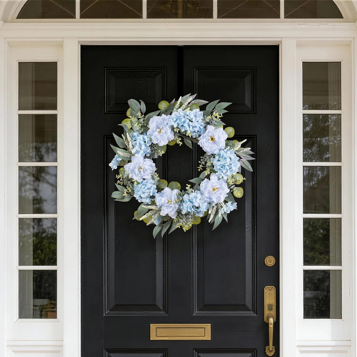 24"D Blue Peony & Hydrangea Floral Wreath Includes a Complimentary Black Metal Wreath Hanger | Wayfair North America